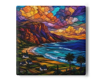 Vibrant Coastal Cliff Beach Scene Ceramic Coaster | Ocean Sunset Art Printed on Coaster or Canvas