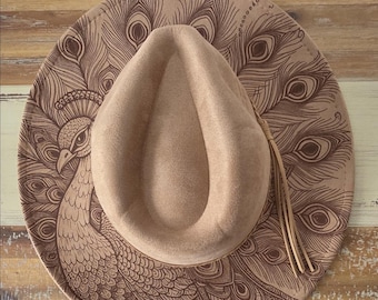 Peacock Burned Hat, Floral Cowboy Hat. Burned Cowboy Hat: Engraved Suede Boho Fedora, Wide brim hat Western Hat Festivals
