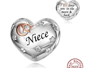 Niece Heart Charm Love you to the moon and back Heart 925 Silver Charm European style Bracelet, Necklace charm