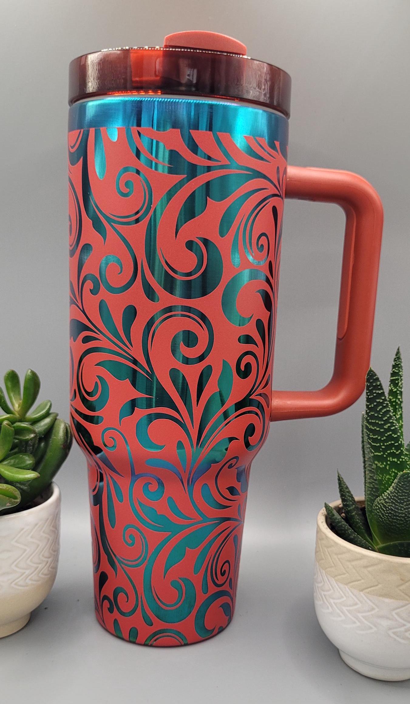 Red Mystic Paisley, Tooled Leather Gift 40oz Double Wall Insulated