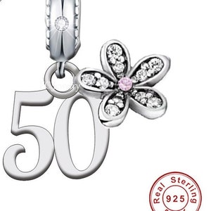 50th Birthday Celebration, 925 Sterling Silver 50th Birthday Dangle Charm Bead Landmark Birthday Fits all Charm Bracelets 50th Anniversary