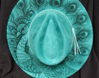 Peacock Burned-hoed, cowboyhoed met bloemen. Burned cowboyhoed: gegraveerde suède boho-fedora, hoed met brede rand Western Hat Festivals