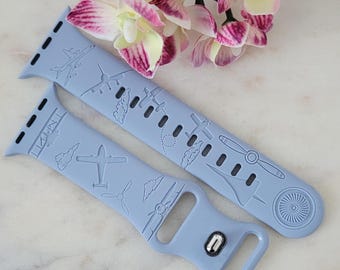 Correa deportiva de silicona para Apple Watch (38 mm, 40 mm, 41 mm, 42 mm, 44 mm, 45 mm, 46 mm y 49 mm) con grabado de aviación, avión y piloto.
