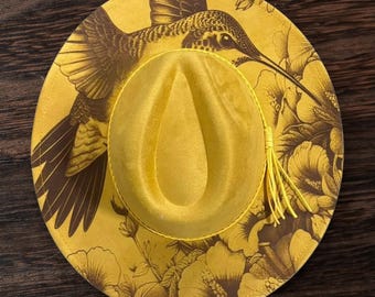 Hummingbird Burned Hat,  Bird Floral Burned cowgirl Cowboy Hat: Engraved Suede Boho Fedora, Wide brim hat Western Hat Festivals