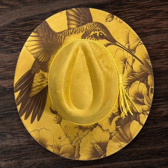 Hand Burned Boho Cowgirl Hummingbird Floral Wide-Brim Soft Cowboy Hat COWBOY Brim Sunflower - Custom Hand Burned Hat – Wild Child  main image 4