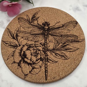 Cork Dragonfly and roses Laser Engraved Cork Trivet: Kitchen Decor Pot Holder Gift, Personalized Housewarming Wedding Hot Pad