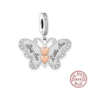 Big Sis Little Sis Sisters charm butterfly Charm 925 Silver Charm European style Bracelet, Necklace charm