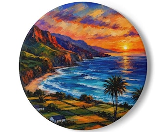 Tropical Sunset Coast ceramic coaster | Hawaiian beach artwork, palm silhouette Sunset Art Printed on Coaster or Canvas