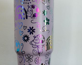 Ladybugs, Rainbows, Daisy light purple and rainbow Laser Engraved 30oz Double Wall Insulated Tumbler Custom Seamless Tumbler