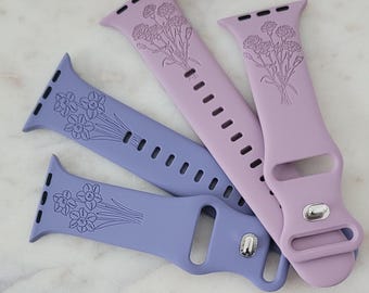 Engraved Birth month flowers, Birthday Gift Design for Apple Watch Silicone Sports Band/Strap  38mm/40mm/41mm/42mm/44mm/45mm/46mm/49mm