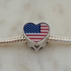 Love USA Heart Flag Charm, Country Flag Charm 925 Silver Charm European style Bracelet Necklace Charm United States