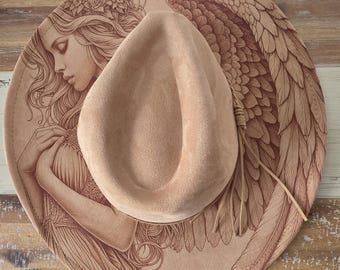 Angel Burned Hat, celestial angel, Cowboy desert Burned Cowboy Hat: Feathers Engraved Suede Boho Fedora, Wide brim hat Western Hat
