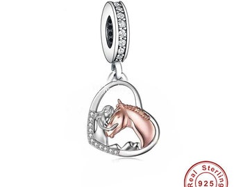 Heart Charm Girl and her Horse Charm Love Horses charm 925 Silver Charm European style Bracelet , Necklace Charm, 925 Charm