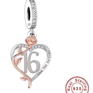 Sweet 16th Birthday 925 Sterling Silver 16th Birthday Dangle Charm Bead Landmark Birthday Fits all Charm Bracelets Heart charm