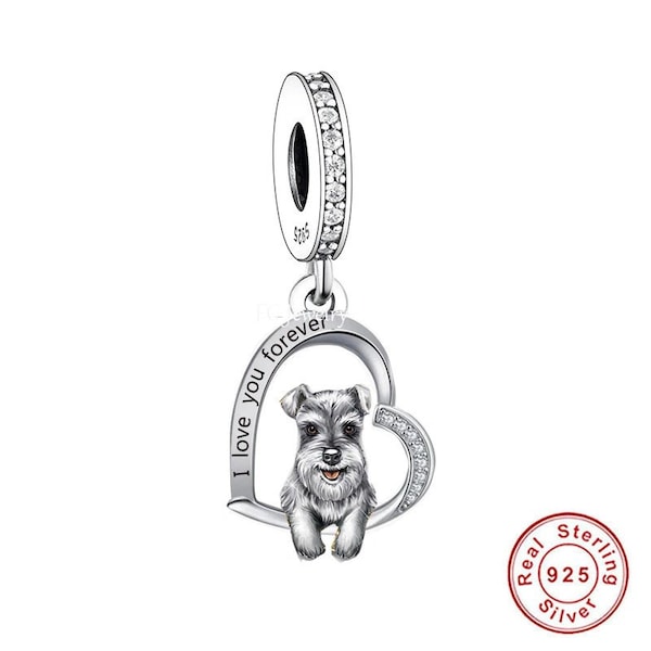 Breloque schnauzer chien t'aime pour toujours Breloques en argent 925 breloque style européen bracelet collier breloques 925 cadeaux pour elle breloque coeur