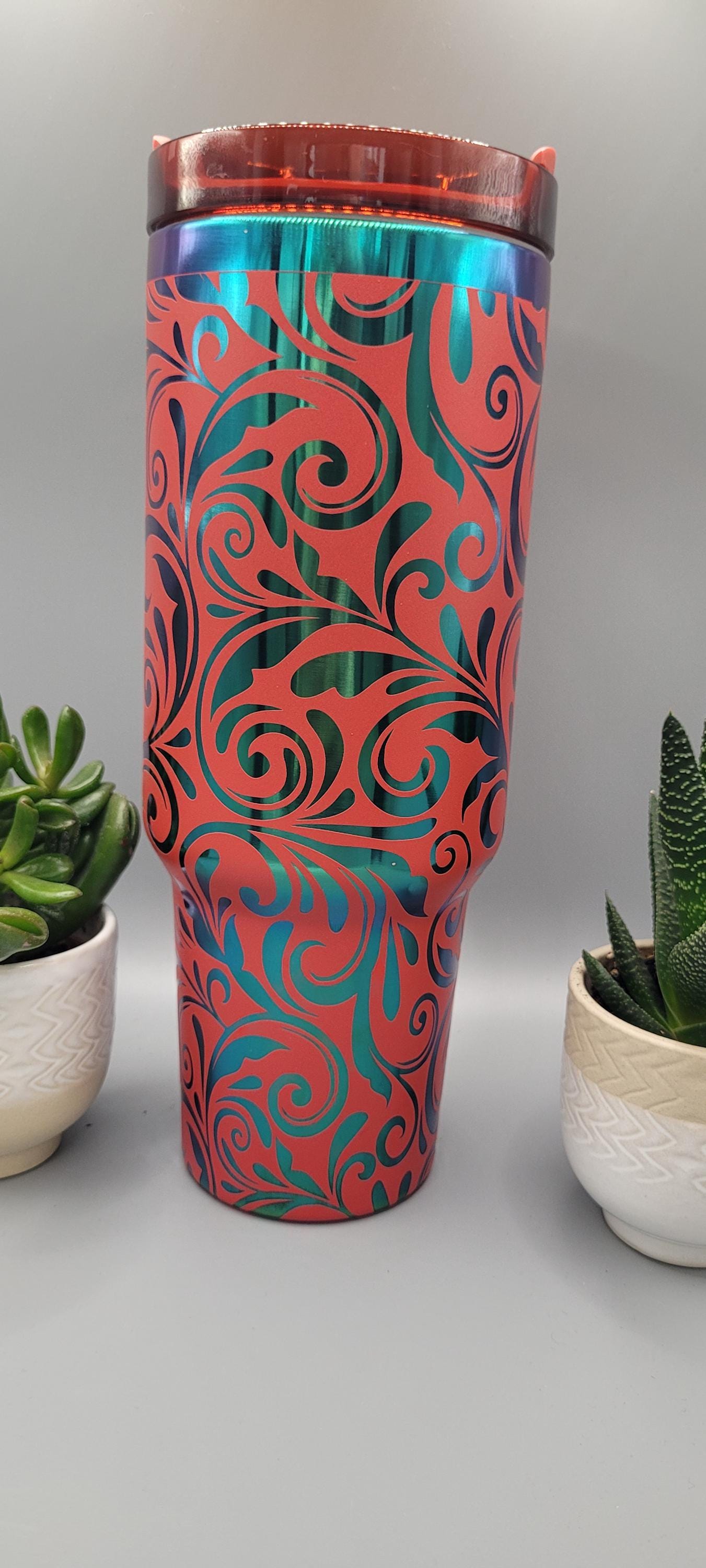 Red Mystic Paisley, Tooled Leather Gift 40oz Double Wall Insulated