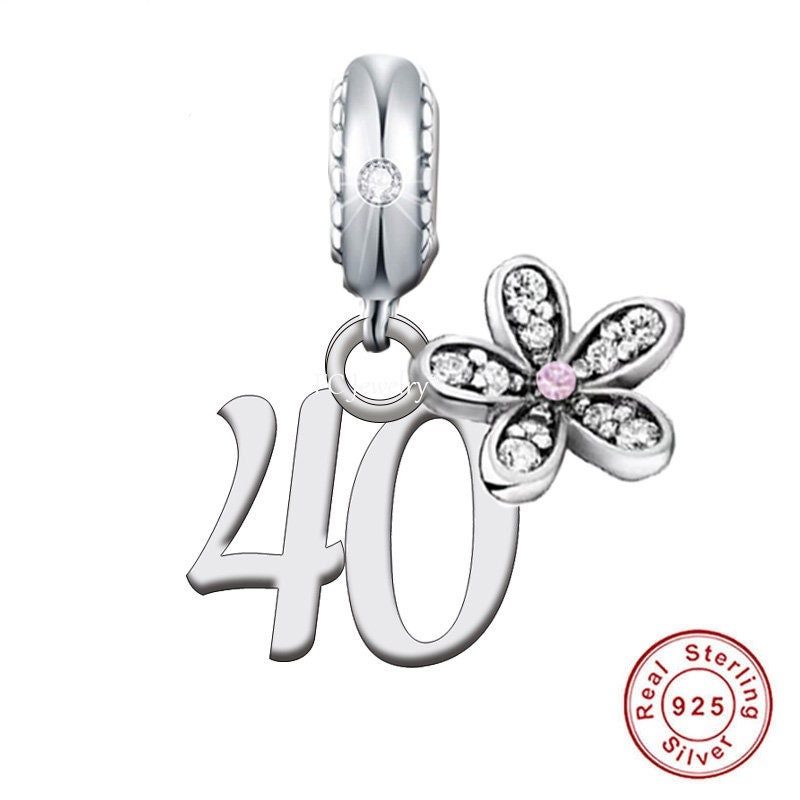 40th Birthday Celebration, 925 Sterling Silver 40th Birthday Dangle Charm  Bead Landmark Birthday Fits all Charm Bracelets 40th heart charm