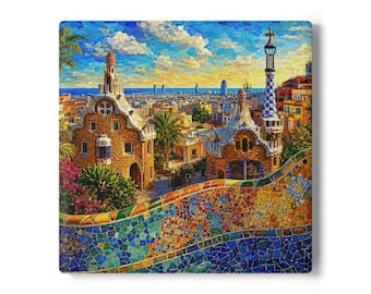 Park Güell Mosaic Cityscape Ceramic Coaster | Barcelona Landmark Souvenir Printed on Coaster or Canvas