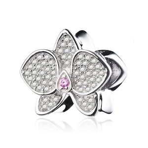 Orchid Charm European style Bracelets, 925 Sterling Silver,Orchid Charm, Orchid Flower Gift, Austrian Zircons