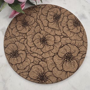 Cork Peonies  flowers Laser Engraved Cork Trivet: Kitchen Decor Pot Holder Gift, Personalized Housewarming Wedding Hot Pad