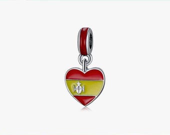 Love Spain Heart Flag Charm, Country Flag Charm 925 Silver Charm European style Bracelet Necklace Charm journal charm
