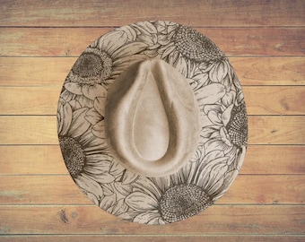 Sunflowers Burned Hat, Floral Cowboy Hat. Burned Cowboy Hat: Engraved Suede Boho Fedora, Wide brim hat Western Hat Festivals