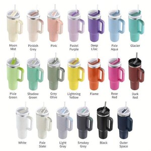 May include: A set of 20 stainless steel tumblers with various colors and names. The tumblers have a handle and a straw.