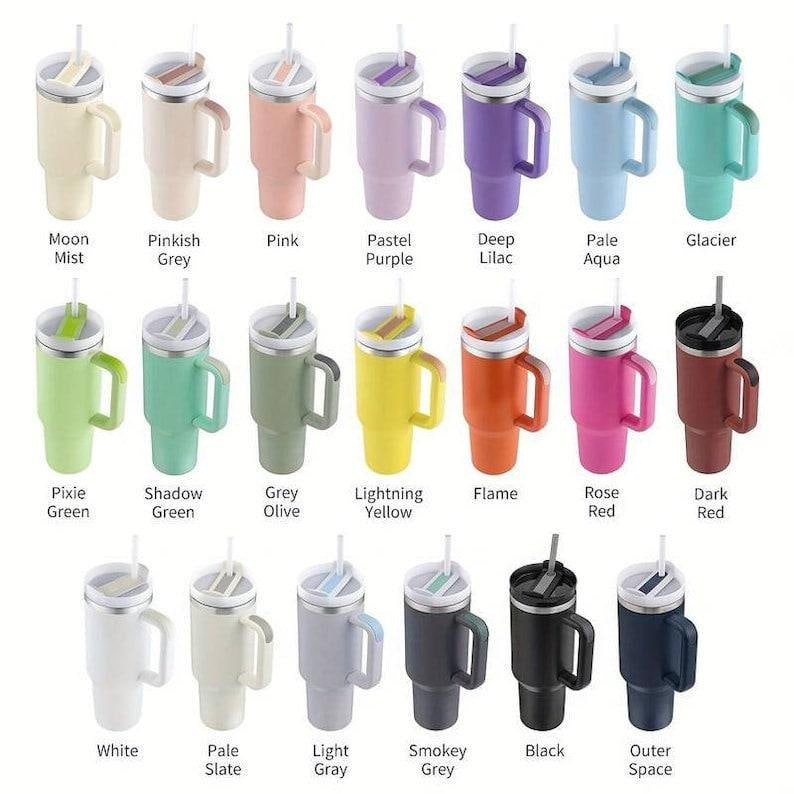 May include: A set of 20 stainless steel tumblers with various colors and names. The tumblers have a handle and a straw.