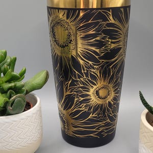Sunflower, flowers, black and gold Laser Engraved 20oz Double Wall Insulated Tumbler Travel mug,Seamless Tumbler ,Gift for daughter, niece