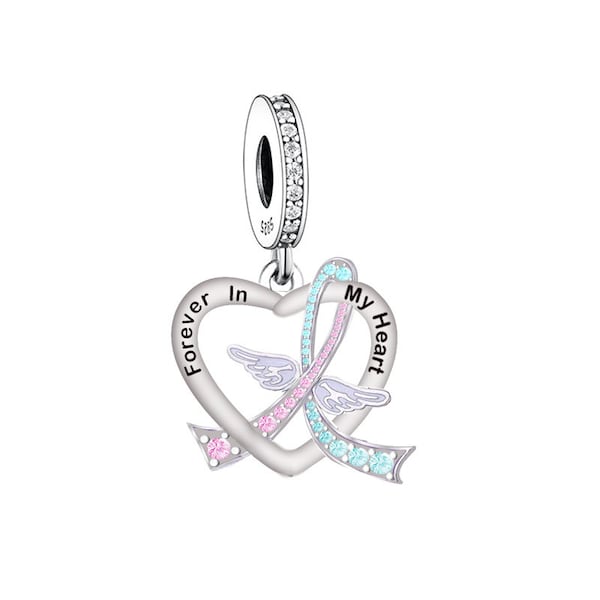 Forever In My Heart Angel Wings Charm Echt 925 Sterling Zilver - Baby Loss Awareness Ribbon Mama van Angel, Zwangerschapsverlies Cadeau