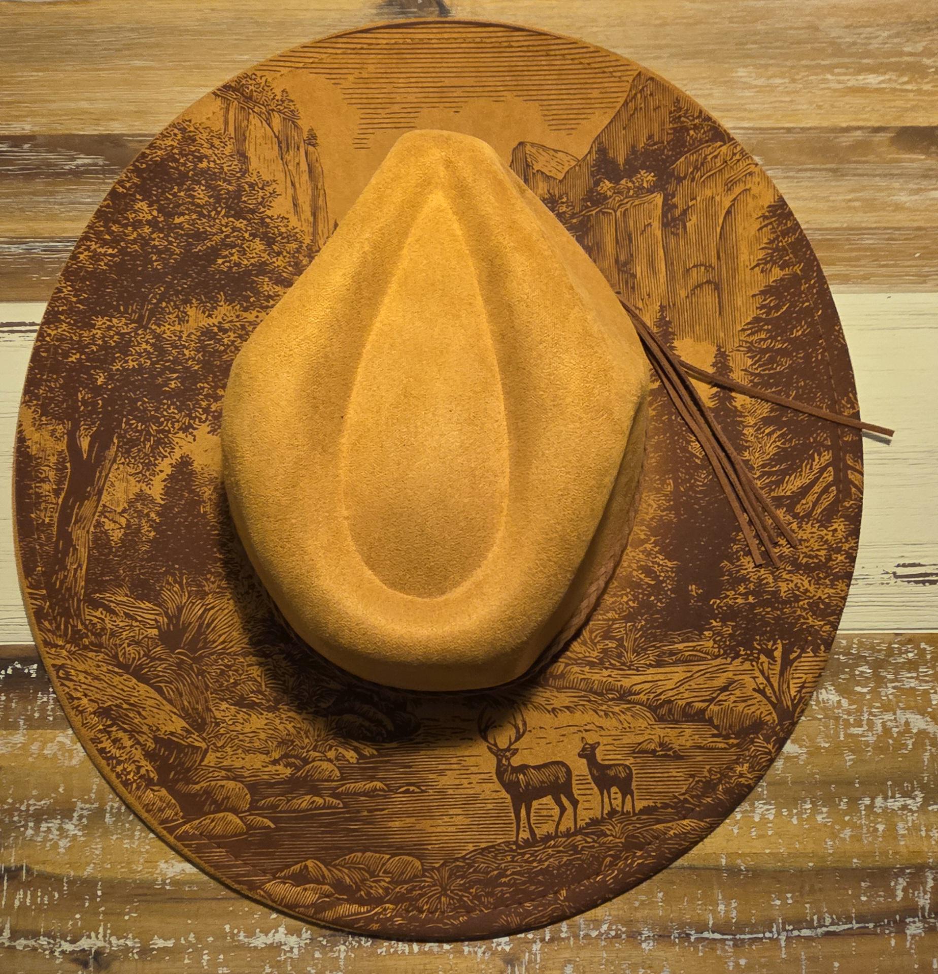 Unisex Hand-Painted Stag Wide-Brim Hat in Olive OPEN CROWN 4 1/2 main image 2