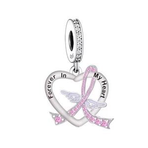 Pink Ribbon With Angel Wings Breast Cancer Awareness Charm, 925 Sterling Silver, Breast Cancer Awareness Jewelry Gift