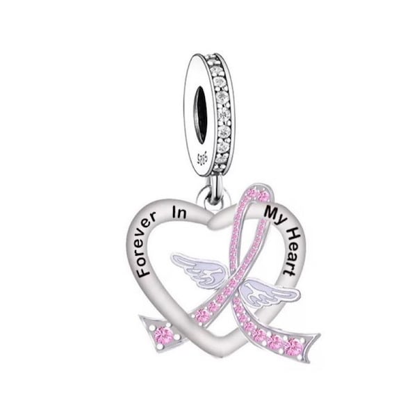 Pink Ribbon With Angel Wings Breast Cancer Awareness Charm, 925 Sterling Silver, Breast Cancer Awareness Jewelry Gift