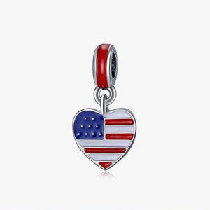 Love USA Heart Flag Charm, Country Flag Charm 925 Silver Charm European style Bracelet Necklace Charm United States