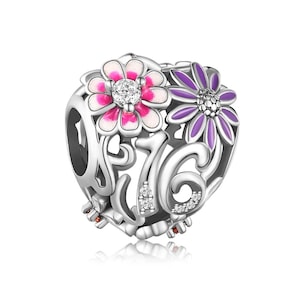 Sweet 16th Birthday 925 Sterling Silver 16th Birthday Dangle Charm Bead Landmark Birthday Fits all Charm Bracelets Heart charm