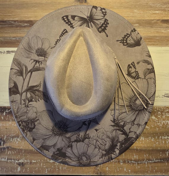 Butterfly Garden Cowgirl Burned Hat, Floral Burned Cowgirl  display picture 1