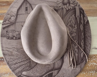 Cowgirl Boots and Barn, Meadow Cowgirl Burned Hat, Floral Burned cowgirl Cowboy Hat: Engraved Suede Boho Fedora, Wide brim hat Western Hat