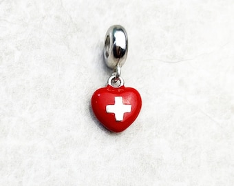 Switzerland charm, Swiss Charm, Red Cross Heart Pendant Dangle Charm, 925 Sterling Silver, Swiss Jewelry, Swiss Gift Keepsake journal charm