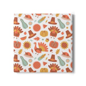 Thanksgiving Icons Ceramic Coaster | Turkey Pumpkin Pilgrim Hat Fall Pattern