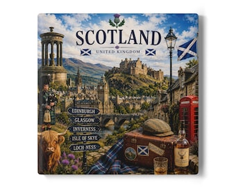 Scotland Collage Ceramic Coaster | Edinburgh Castle, Loch Ness, Highland Icons