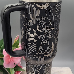 Vaso floral de Halloween con diseño de fantasma de 40 oz y asa, con aislamiento de doble pared, ideal para Halloween, fantasma, taza floral