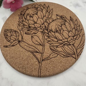 Cork South African Protea Laser Engraved Cork Trivet: Kitchen Decor Pot Holder Gift, Personalized Housewarming Wedding Hot Pad