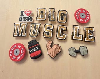 Big Muscle Gym, ciondoli per scarpe a tema sportivo, simpatici ciondoli floreali per scarpe, ciondoli compatibili con zoccoli.