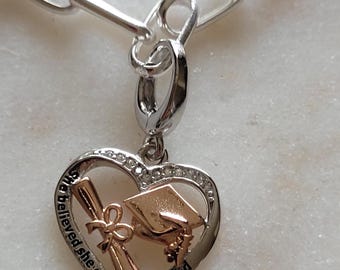 Graduation Dangle Charm clip attachment she Believed She Could So She Did 925 Silver Charm Fits European Bracelet Necklace 925 journal charm