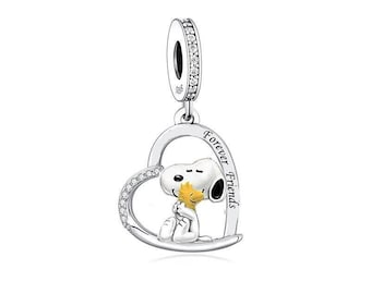 Anime Dog and woodstock Retro Classic Charm 925 Silver Charm European style Bracelet, Necklace charm, Gifts for her, Snoopy Charm