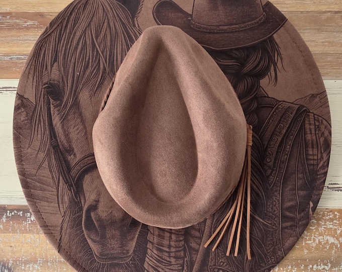 Cowgirl and Horse Burned Hat, Floral Burned cowgirl Cowboy Hat: Engraved Suede Boho Fedora, Wide brim hat Western Hat Festivals