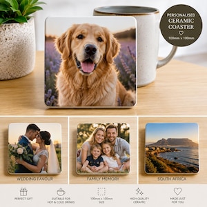 May include: A square ceramic coaster featuring a golden retriever in a lavender field. Additional coasters display a wedding couple, a family of four, and a coastal landscape. Text includes PERSONALISED CERAMIC COASTER and 100mm x 100mm.