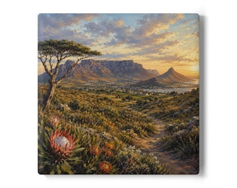 Table mountain, South Africa, Protea Mountain Landscape Landmark Souvenir Printed on Coaster or Canvas