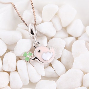Pingente de pássaro de esmalte rosa, pingente de prata 925, pulseira estilo europeu, pingente de colar, pingente 925, presentes para ela