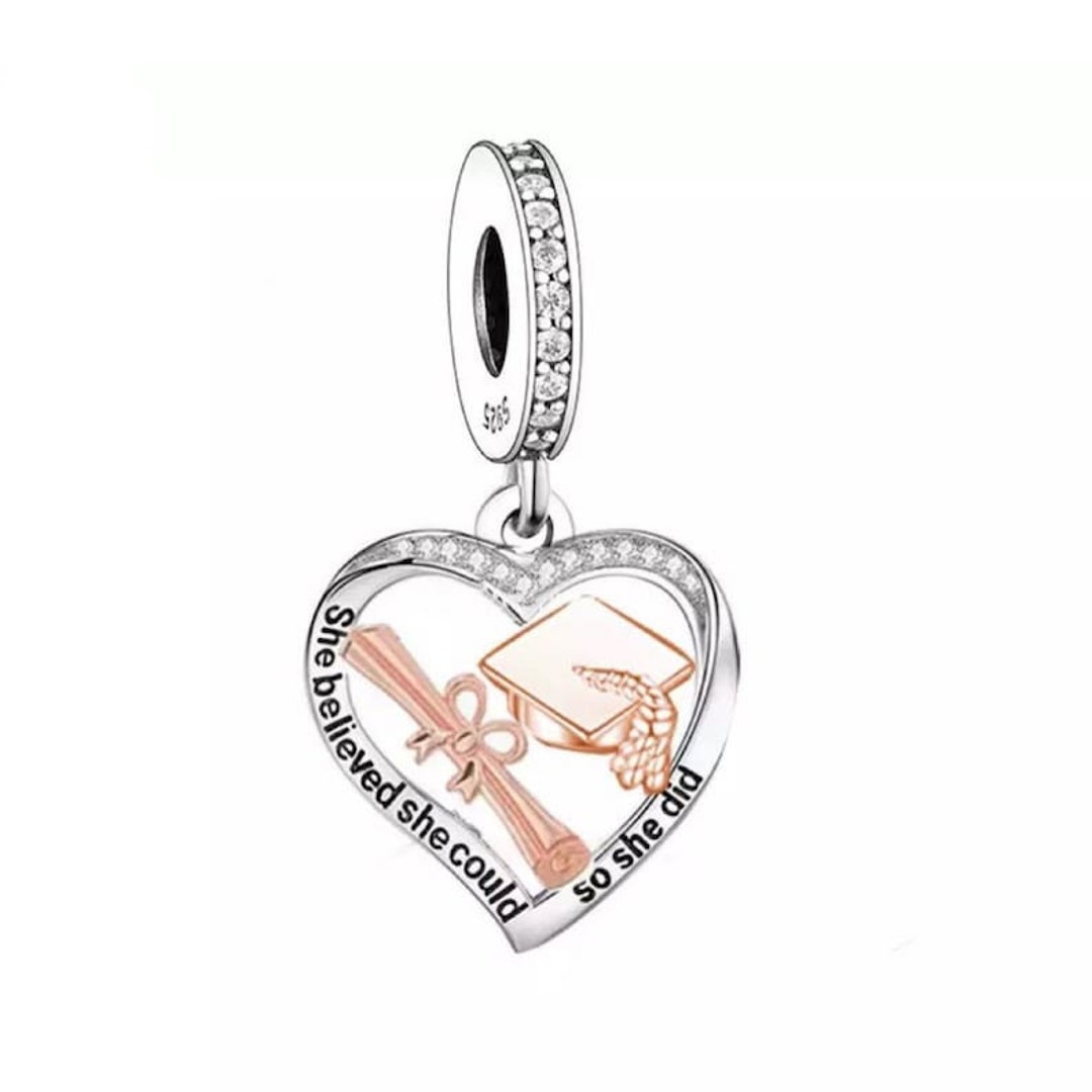 Graduation Charm She Believed She Could so She Did Fits European Bracelets, 925 Sterling Silver